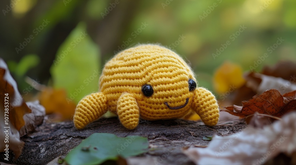 A charming yellow crochet crab sits delightfully on autumn leaves, its adorable face and plush design captivate with warmth and cheer amidst a natural backdrop. A charming yellow crochet crab sits delightfully on autumn leaves, its adorable face and plush design captivate with warmth and cheer amidst a natural backdrop.