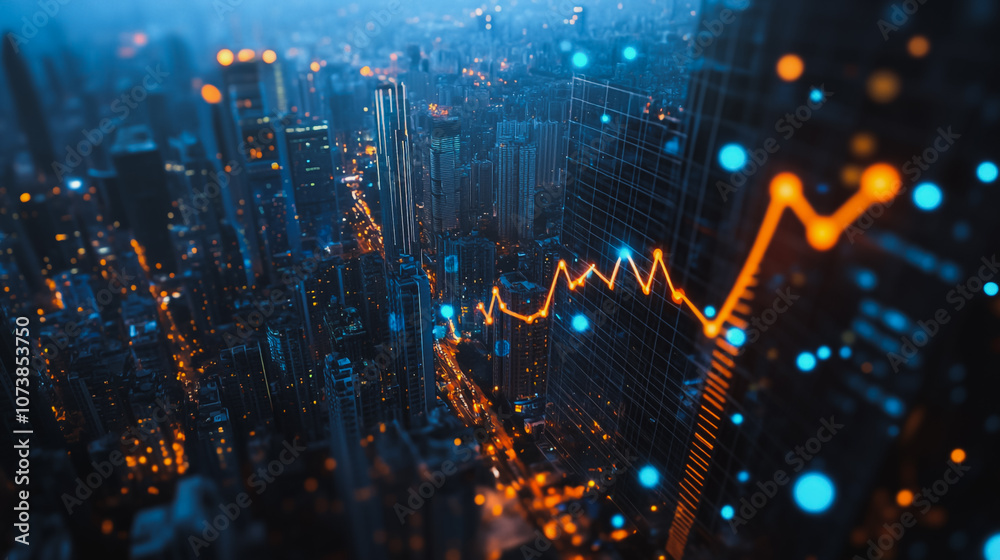 Obraz premium Smart digital Innovation city Business skyscrapers in the Financial District with connection network reciprocity over the cityscape. of future smart wireless digital city and social media networking