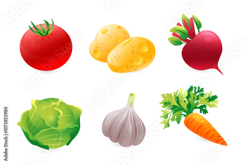 Set of realistic 3D icons of vegetables ingredients for borscht. Beetroot, cabbage, garlic, potato, tomato, carrot.