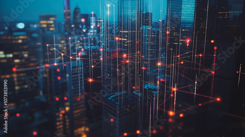 Wallpaper Mural Smart digital Innovation city Business skyscrapers in the Financial District with connection network reciprocity over the cityscape. of future smart wireless digital city and social media networking Torontodigital.ca