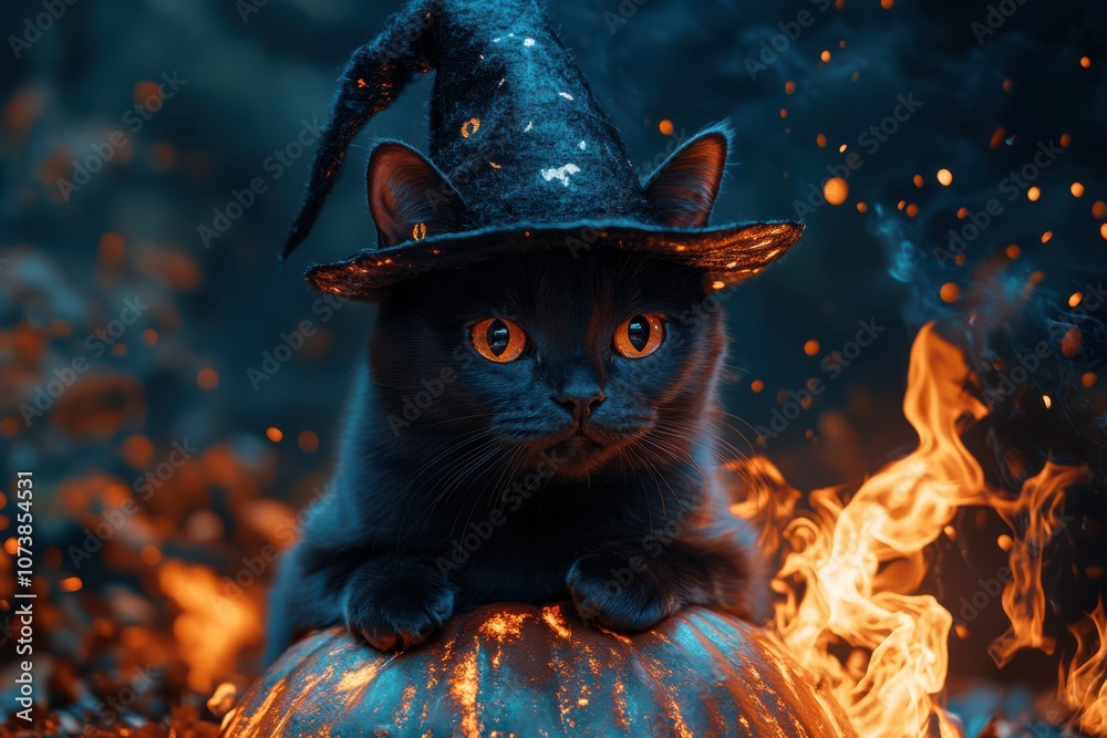 Fototapeta Black Cat with Witch Hat on a Glowing Pumpkin