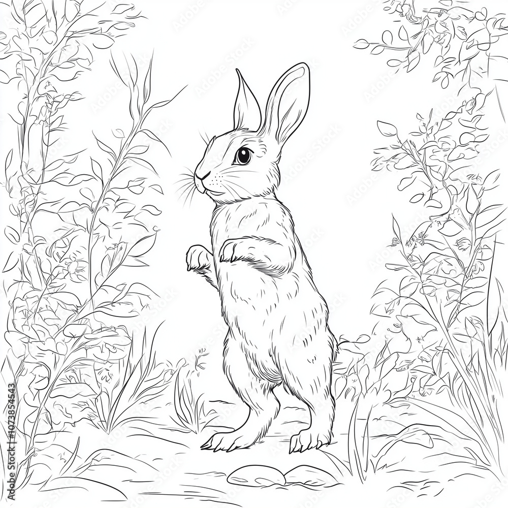 Obraz premium Curious Hare Standing on Hind Legs Surrounded by Forest Plants