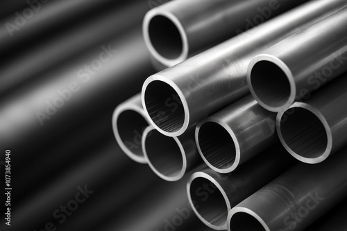 stacked metal pipes with hollow interiors, arranged diagonally with a blurred background