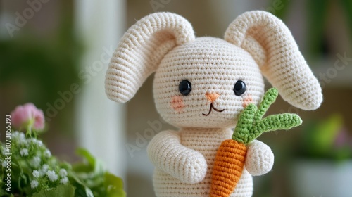 A cute handmade crocheted bunny, holding a bright orange carrot, with soft wool texture and charming features, perfect for storytelling or kids' themes. photo