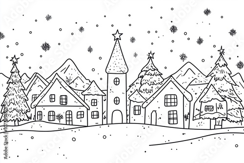 Coloring Page of a Snowy Christmas Village with Decorated Houses and Snowy Trees