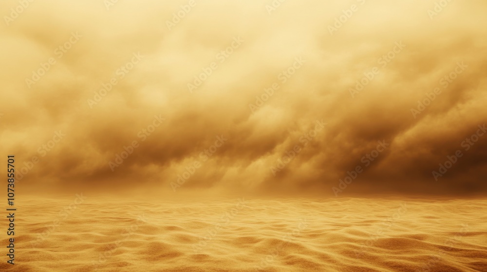 A vast, golden desert landscape under a dramatic sky filled with heavy, dark clouds. A vast, golden desert landscape under a dramatic sky filled with heavy, dark clouds.