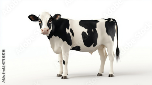 A realistic 3D render of a Holstein cow standing upright, its black and white patches contrasting against a white background