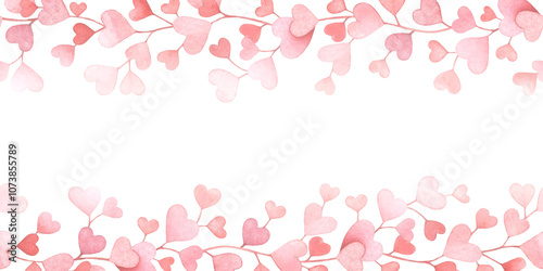 Horizontal seamless pattern with watercolor red branches and heart shaped leaves isolated on white background. Concept design for weddings, Valentine's day, dates, banners, borders, cards, etc.