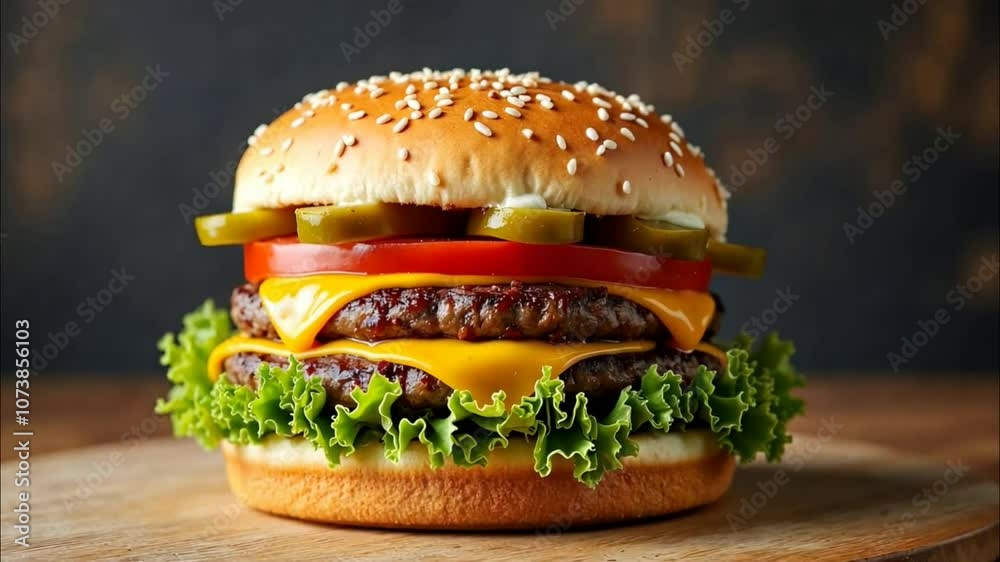 Classic cheeseburger with melted cheese, crisp lettuce, juicy tomato, and pickles, with grill marks on the beef patty, placed on a fresh sesame seed bun