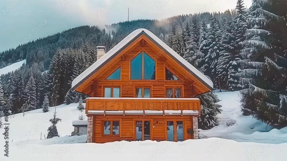 A large wooden house with a slanted roof and a balcony A large wooden house with a slanted roof and a balcony