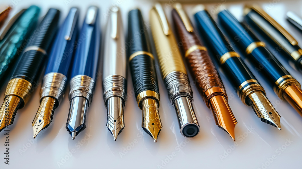 A set of luxury fountain pens with different metallic finishes, neatly arranged in a row on a white surface A set of luxury fountain pens with different metallic finishes, neatly arranged in a row on a white surface