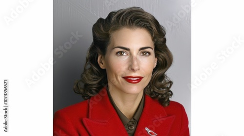 A woman in a red coat and red lipstick