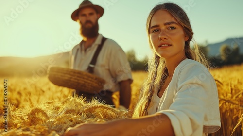 Ruth gathering wheat in a golden field, while Boaz stands in the background, watching her with admiration under a bright sun. photo