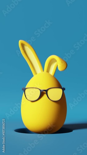 Easter video postcard. Yellow Easter egg with bunny ears jumping of the burrows. 3d Animation, rendering