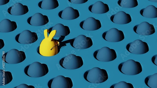 Easter pattern. Yellow Easter egg with bunny ears rotating among blue eggs in the burrows. 3d Animation, rendering