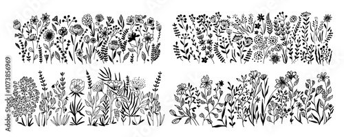 Horizontal  banners or floral backdrop decorated with gorgeous  blooming flowers and leaves borders. Summer botanical doodle vector illustration on white background