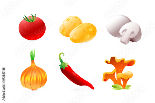 Set of realistic 3D icons of vegetables ingredients for borscht. Beetroot, cabbage, garlic, potato, tomato, carrot.