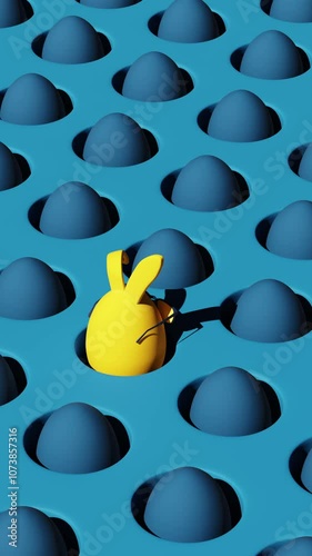 Easter pattern. Yellow Easter egg with bunny ears rotating among blue eggs in the burrows. Looping 3d Animation, rendering