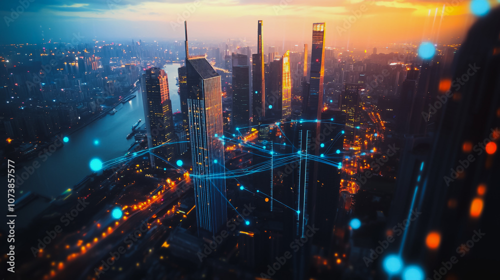 Fototapeta premium Smart digital Innovation city Business skyscrapers in the Financial District with connection network reciprocity over the cityscape. of future smart wireless digital city and social media networking