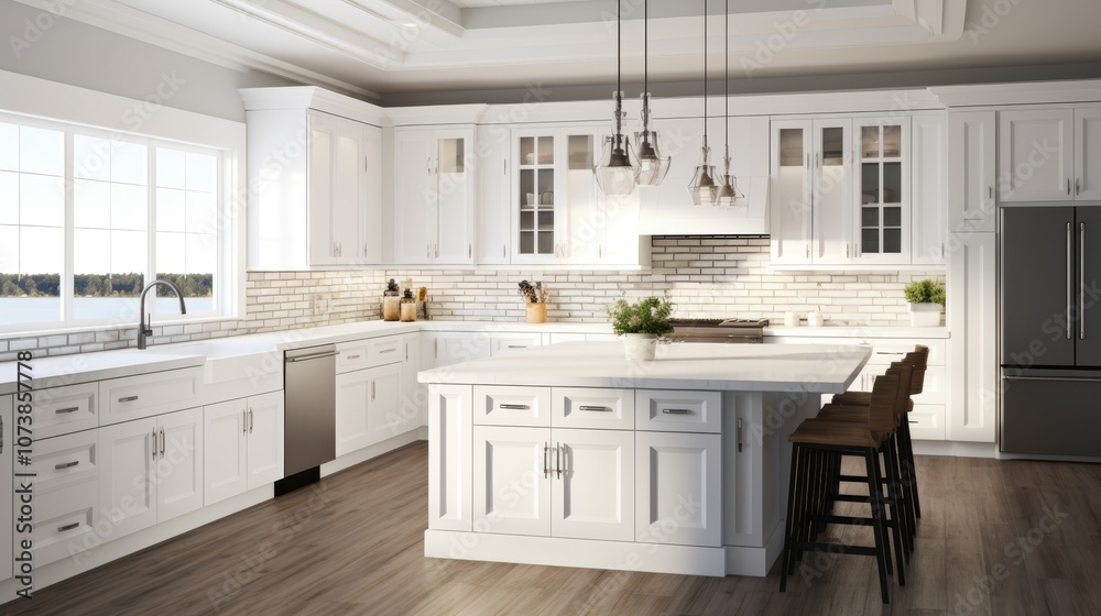 Fototapeta premium Spacious kitchen with white cabinets, island, and bar stools. Concept of modern home interior. For home design inspiration