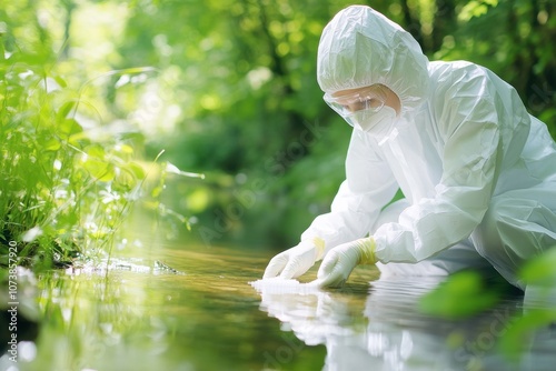 An Environmental Scientist on a Forest Stream Collects Water Samples for Research Efforts photo