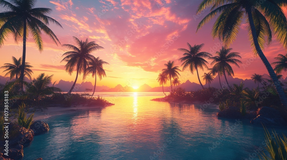Breathtaking sunset over a tropical paradise with palm trees silhouetted against vibrant skies. Breathtaking sunset over a tropical paradise with palm trees silhouetted against vibrant skies.