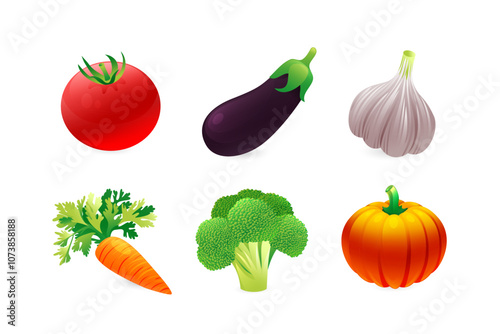 A set of realistic 3D icons of vegetables that are a source of carotene. Broccoli, pumpkin, carrot, eggplant, tomato.
