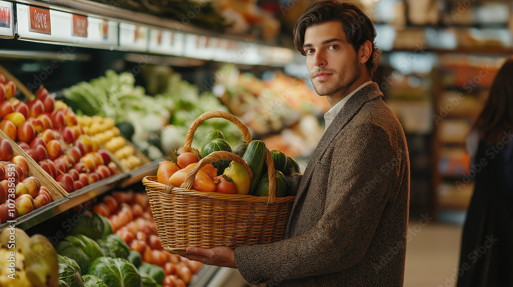 A stylish man with neatly groomed hair and a casual outfit, holding a market basket filled with fresh produce, standing confidently in the produce section of a modern supermarket to buy vegetables A stylish man with neatly groomed hair and a casual outfit, holding a market basket filled with fresh produce, standing confidently in the produce section of a modern supermarket to buy vegetables