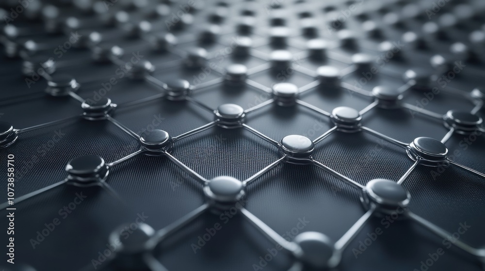Close-up of an abstract grid pattern showcasing metallic nodes interconnected on a dark surface.