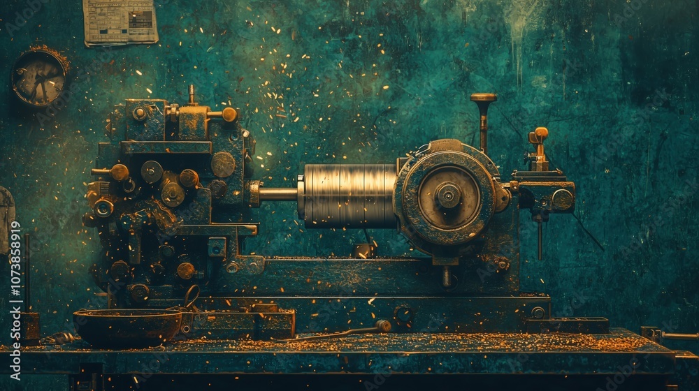 In an industrial workshop, a lathe carves a metal cylinder amid intricate machinery and scattered shavings In an industrial workshop, a lathe carves a metal cylinder amid intricate machinery and scattered shavings