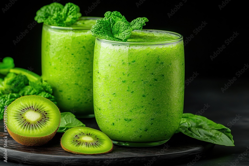 A vibrant green smoothie made from spinach and kiwi is served in a glass jar, celebrating freshness and health in the kitchen A vibrant green smoothie made from spinach and kiwi is served in a glass jar, celebrating freshness and health in the kitchen
