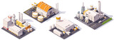 Depicts various industrial buildings in an isometric style on a clean background. Vector illustration