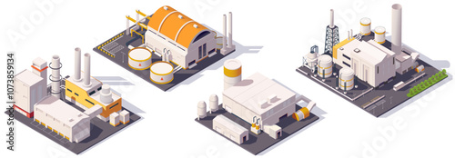 Depicts various industrial buildings in an isometric style on a clean background. Vector illustration