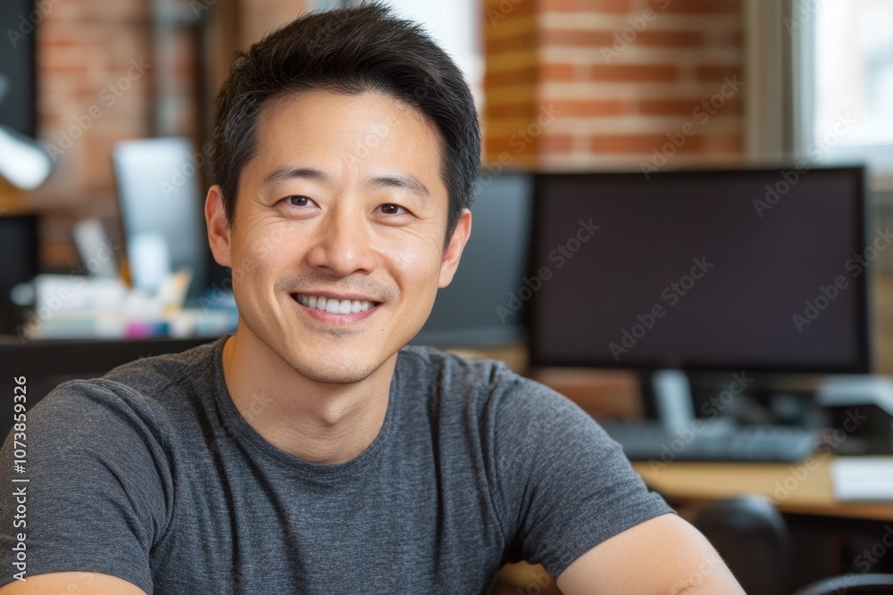 A Smiling Tech Entrepreneur in a Modern Silicon Valley Workspace Inspiring Innovation A Smiling Tech Entrepreneur in a Modern Silicon Valley Workspace Inspiring Innovation