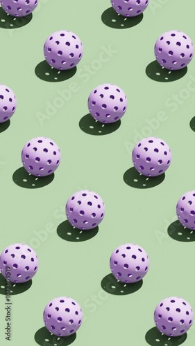 Pickleball sport equipments. Pattern of purple pickleball balls on green background. 3d animation, render. Vertical video.