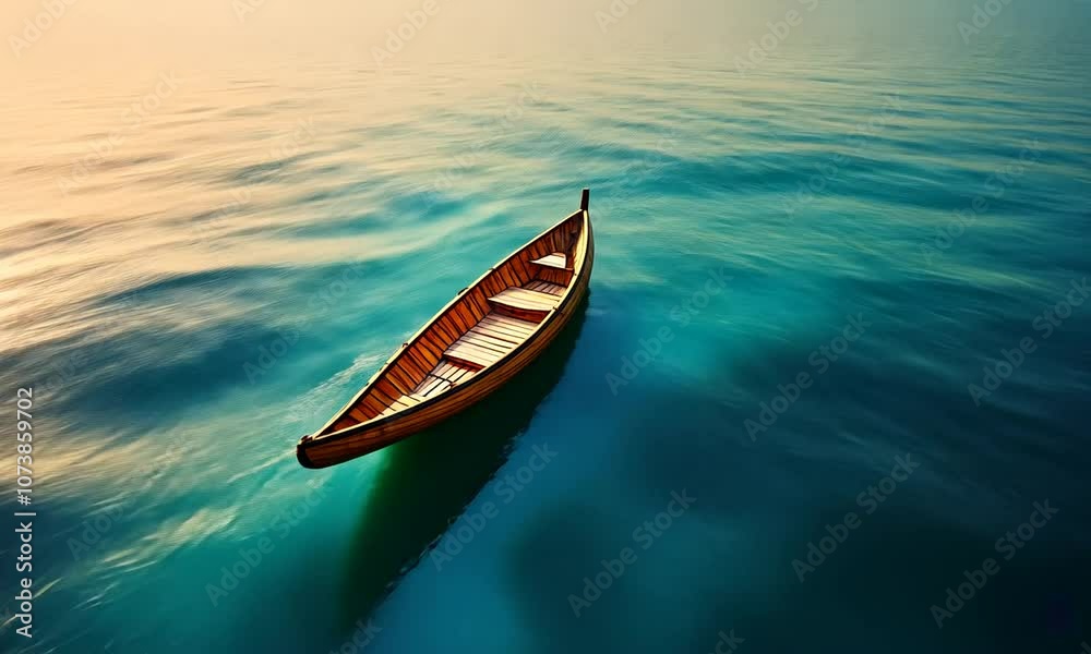 Sea small vessel in the open sea. Wooden rowing boat in the open sea, view from above. Sea small vessel in the open sea. Wooden rowing boat in the open sea, view from above.