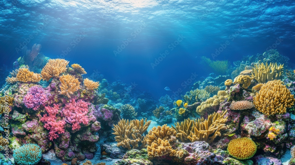 Fototapeta premium Vibrant coral reef teeming with life, showcasing a rich palette of colors in a serene underwater environment.
