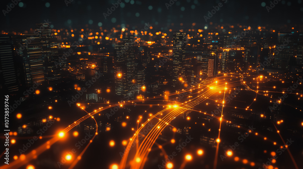 Fototapeta premium Smart digital Innovation city Business skyscrapers in the Financial District with connection network reciprocity over the cityscape at night time of future smart wireless social media networking