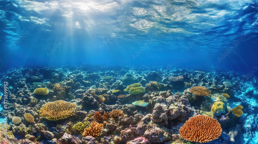 Naklejka premium Vibrant underwater scene showcasing colorful corals and marine life in a crystal-clear ocean.