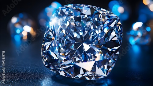 Diamond sparkles. Big Blue Diamond with Glowing Rays and place for Your text.3D Rendered Shiny Diamond in Brilliant Cut. Brilliant diamond, blue tones, depth, extended background