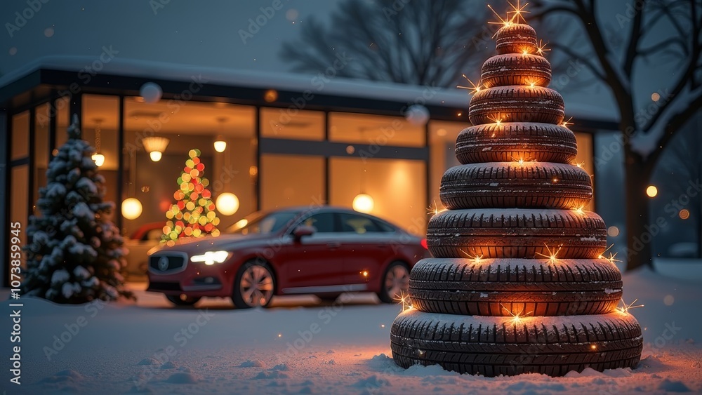 Obraz premium Christmas tree made of tires with lights, with a car dealership in the background, red car, copy space