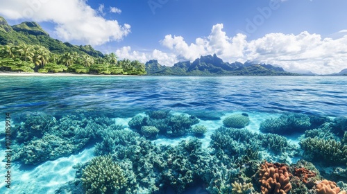 Breathtaking view of a crystal-clear lagoon with vibrant coral reefs and lush mountains in the background.