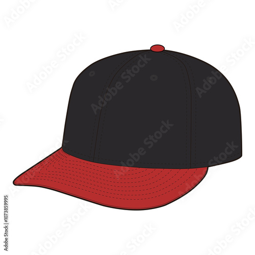 Black and Red Baseball Cap Left Side View Technical Template for Fashion Design

