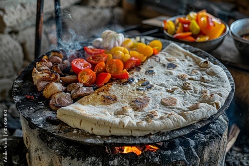 Lavash.Armenian flat bread.Lavash bread.Traditional armenian dish.Lavash baking on a charcoal grill, with ingredients for cooking like meat and vegetables around it photo