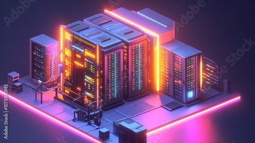 An Isometric View Showcases a Server Room and Big Data Processing

 photo