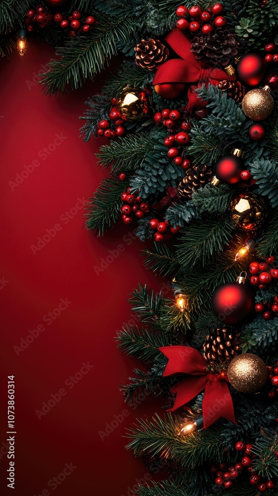 Obraz premium Christmas tree corner border with green fir branches, red bow, berries and gold lights isolated on red background. Pine, xmas evergreen plants frame. garland decoration, holiday card, copy space