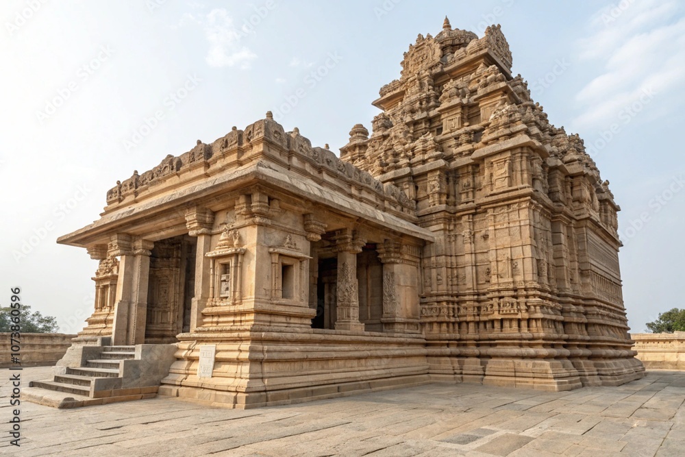Ancient Indian temple, ornate stone carvings, grand architecture, intricate gopuram, warm sandstone color, clear sky, historical monument, Hindu sacred site, symmetrical design, stepped entrance, spir Ancient Indian temple, ornate stone carvings, grand architecture, intricate gopuram, warm sandstone color, clear sky, historical monument, Hindu sacred site, symmetrical design, stepped entrance, spir