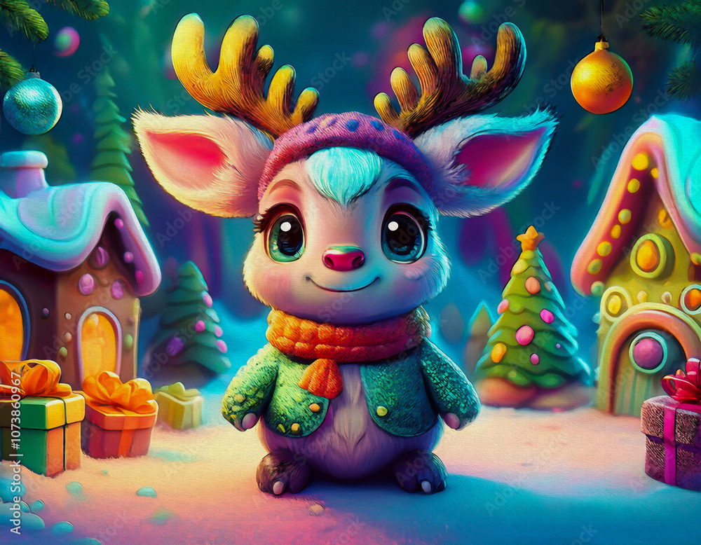 Naklejka premium Merry Christmas- baby Rudolph red shiny nose in Christmas village 