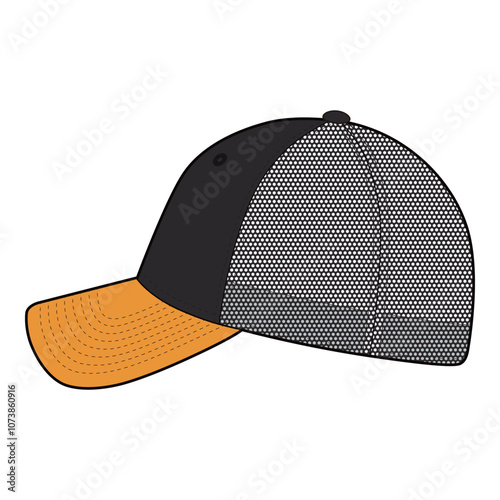 Black Mesh Trucker Cap with Orange Bill and Adjustable Strap
