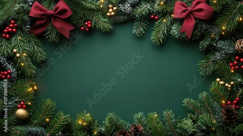 Christmas tree frame border with green fir branches, red bow, berries and gold lights isolated on green background. Pine, xmas evergreen plants frame. garland decoration, holiday card, copy space